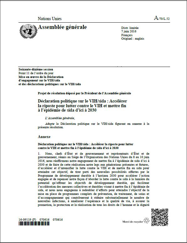 Déclaration politique sur le VIH/sida : Accélérer la riposte pour lutter contre le VIH et mettre fin à l’épidémie de sida d’ici à 2030
