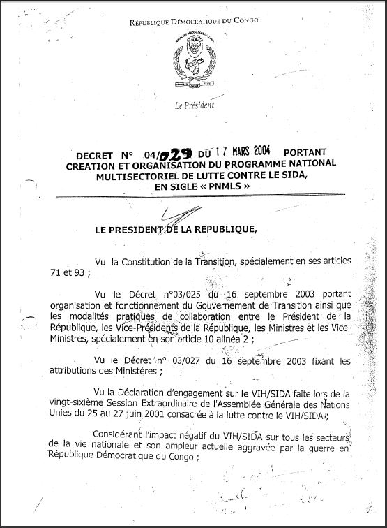 Création et Organisation du Programme National Multisectoriel de Lutte Contre Le Sida en signe PNMLS