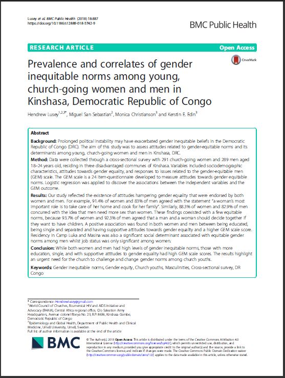 Prevalence and correlates of gender inequitable norms among young, church-going women and men in Kinshasa, Democratic Republic of Congo